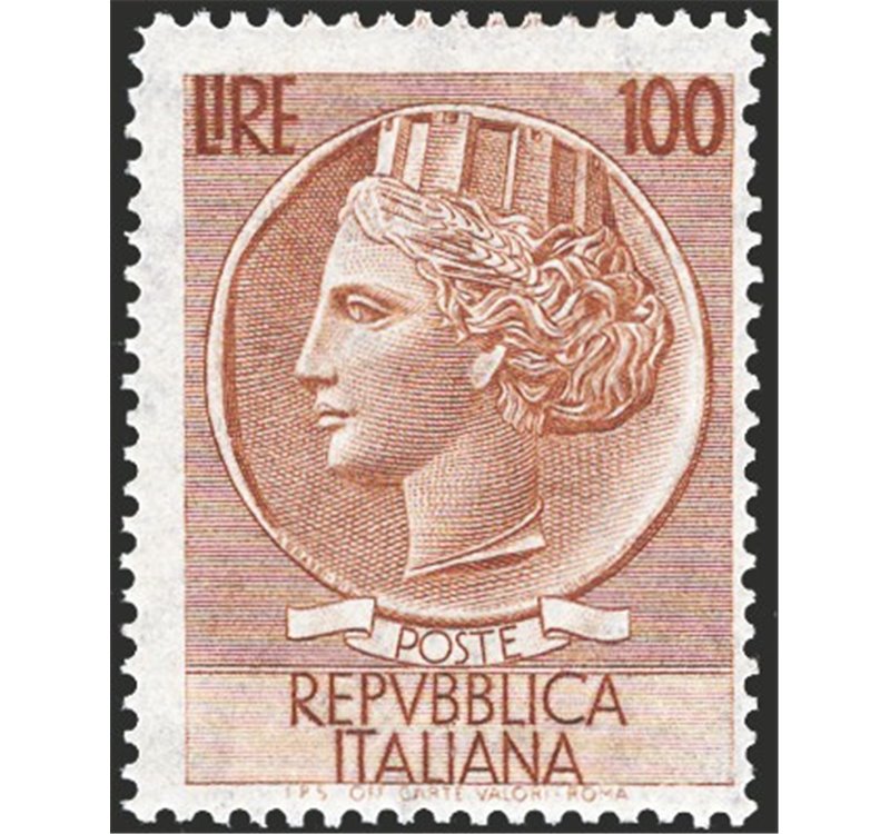 1955 - Italia Turrita formato grande 100 £ bruno filigrana stella dent. 13¼x14, n° 785/III. Cert.: IC. Cert.: Colla (copia certi
