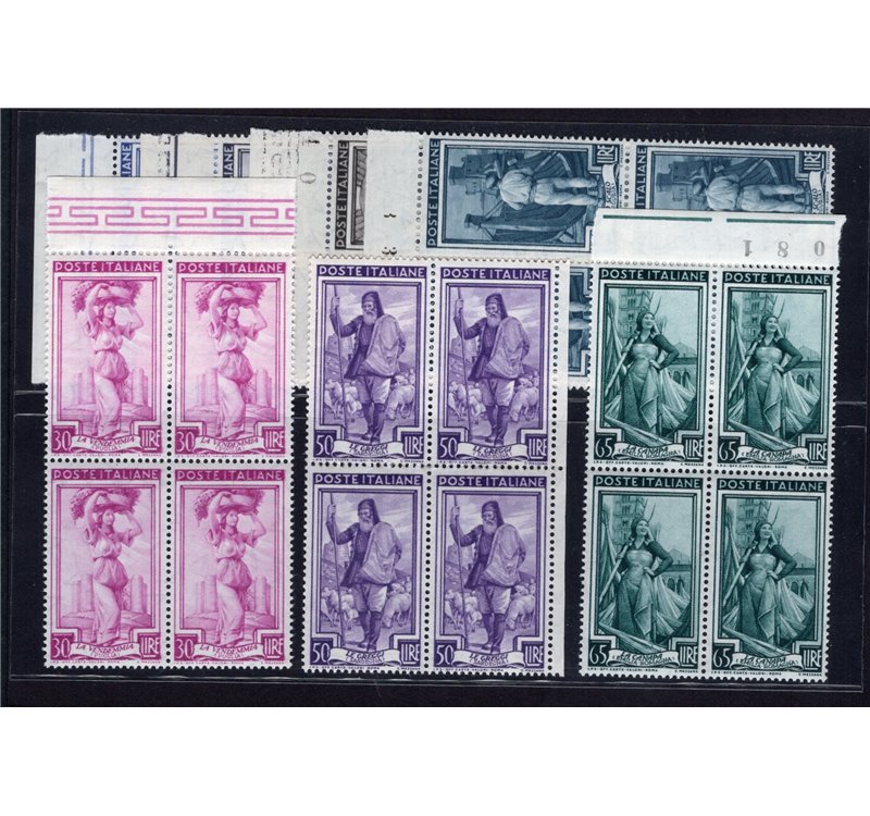 1955/57 - Italia al lavoro con filigrana stelle, serie n° 754/60 in quartina. Cat. € 625 (**)
