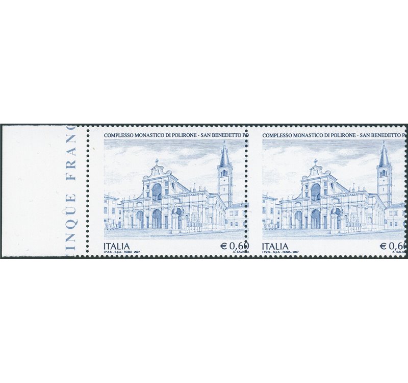 2007 - Monastero di Polirone 0,60 € dent. verticale fortemente spostata in senso orizzontale, coppia orizzontale bordo di foglio