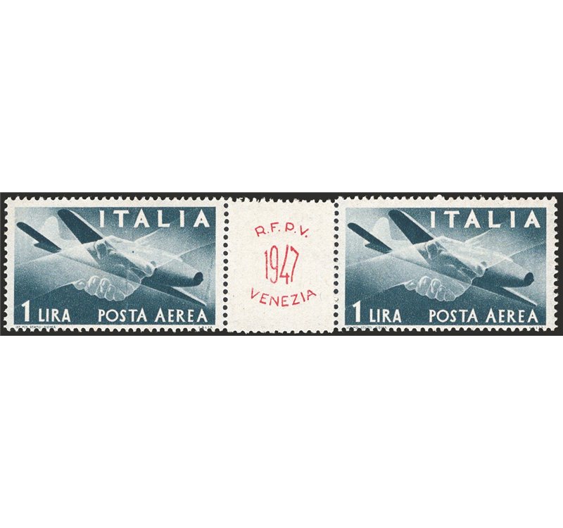 1947 - P.A. Manifestazioni Raduno Filatelico di Venezia Democratica 1 £ (n° 126) in coppia con interspazio con logo della manife