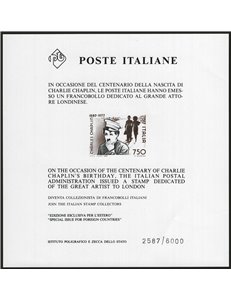 1989 - Foglietti pubblicitari Centenario della nascita di Charlie Chaplin, n° 2. Cert.: IC. Cat. € 1.200 (**)