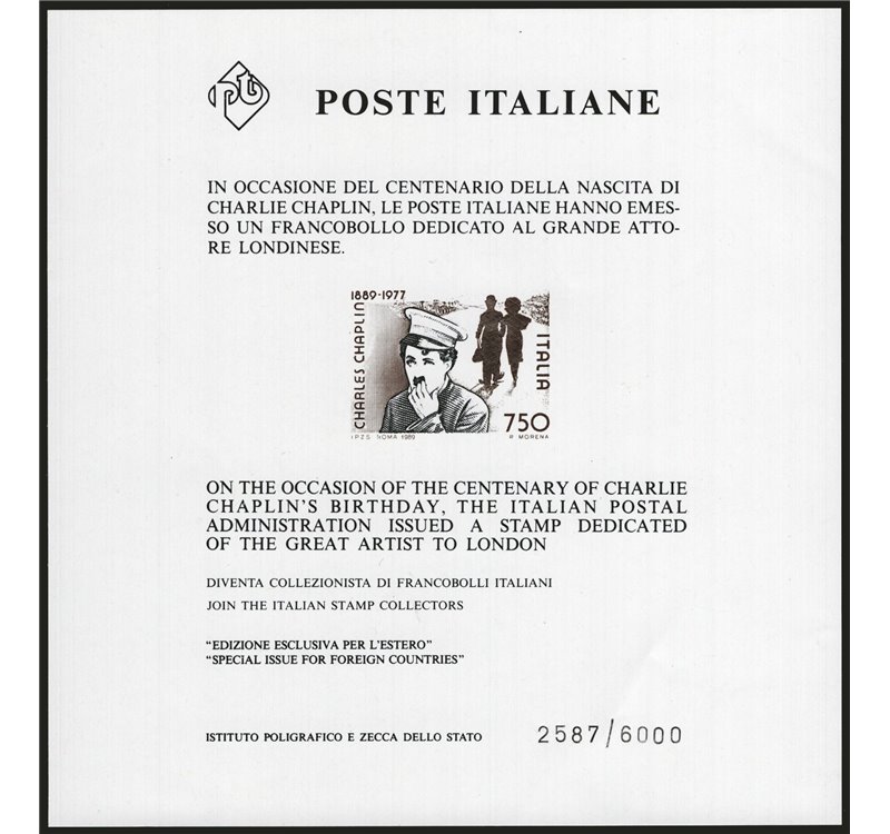 1989 - Foglietti pubblicitari Centenario della nascita di Charlie Chaplin, n° 2. Cert.: IC. Cat. € 1.200 (**)