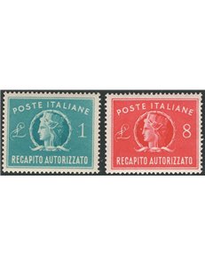 1949/52 - Recapito autorizzato Italia Turrita formato piccolo, serie n° 8/9. Cat. € 40 (**)