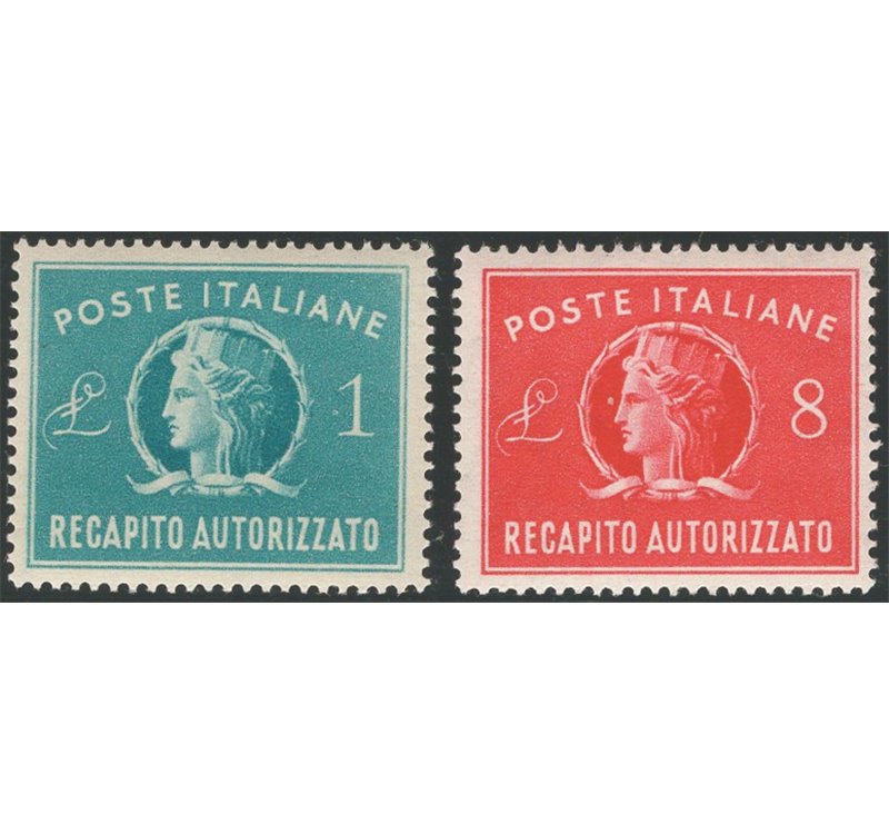 1949/52 - Recapito autorizzato Italia Turrita formato piccolo, serie n° 8/9. Cat. € 40 (**)