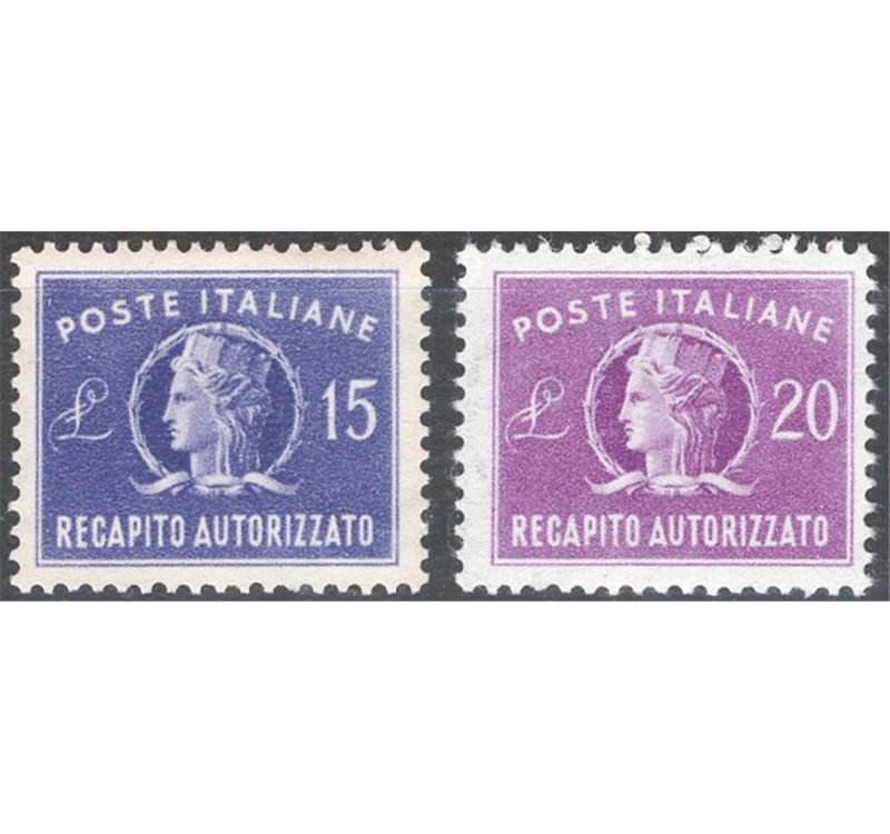 1949/52 - Recapito autorizzato Italia Turrita formato piccolo filigrana ruota, serie n° 10/11. Cat. € 110 (**)