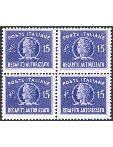 1949/52 - Recapito autorizzato Italia Turrita formato piccolo, serie n° 10/11 in quartina. Cert.: IC. Cat. € 475 (**)