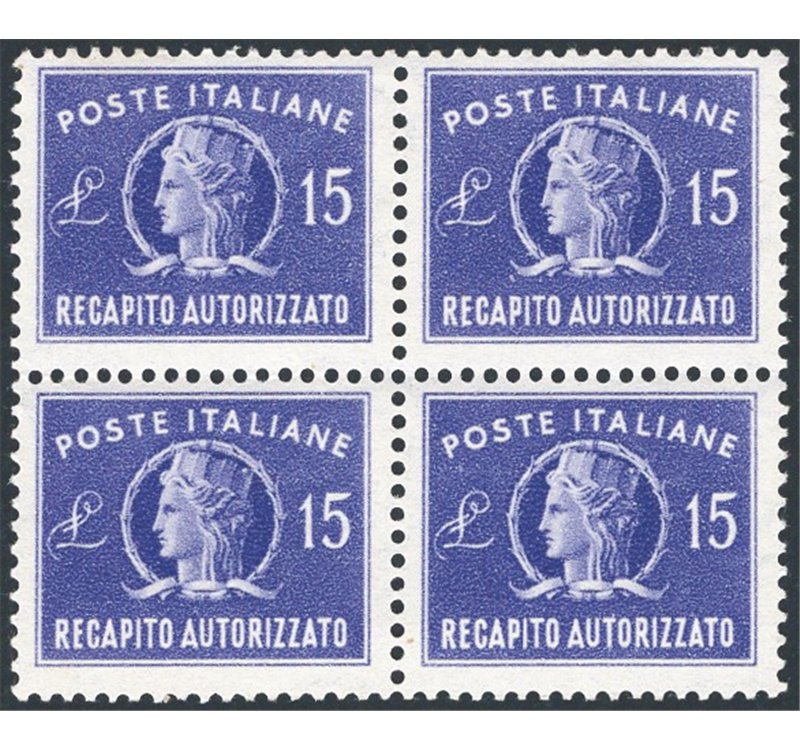 1949/52 - Recapito autorizzato Italia Turrita formato piccolo, serie n° 10/11 in quartina. Cert.: IC. Cat. € 475 (**)