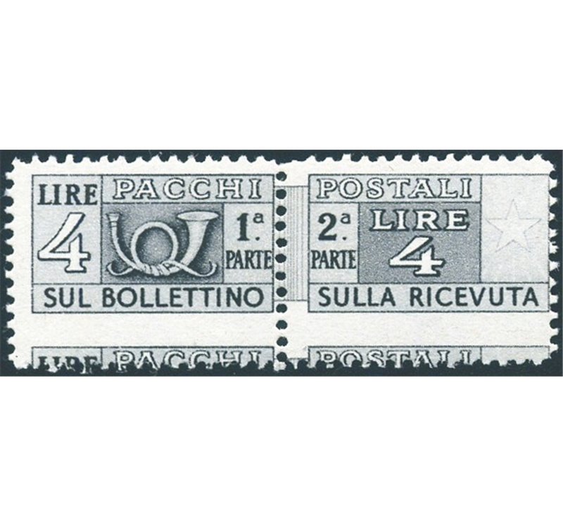 1947 - Pacchi postali corno di posta filigrana ruota 4 £ grigio con dent. inferiore fortemente spostata in basso, francobollo pi