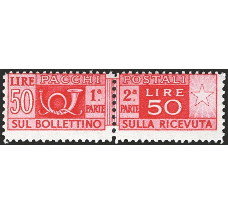 1950 - Pacchi postali 50 £ rosso dent. 14x13¼ con posizione “SA” ruota 1° tipo, n° 76/II. Cert.: IC. Cat. € 650 (**)
