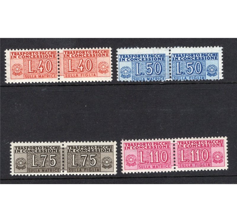 1953/55 - Pacchi in concessione cifra sulle due sezioni filigrana ruota, serie n° 1/4. Cert.: IC. Cat. € 525 (**)