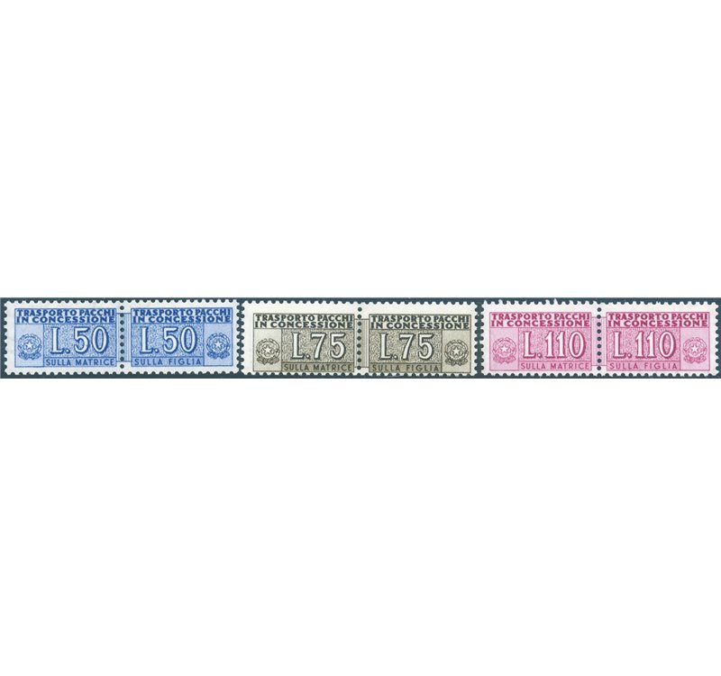 1955 - Pacchi in concessione con filigrana ruota del III tipo dritta, serie n° 2I/4I. Cert.: Biondi. Cat. € 500 (**)