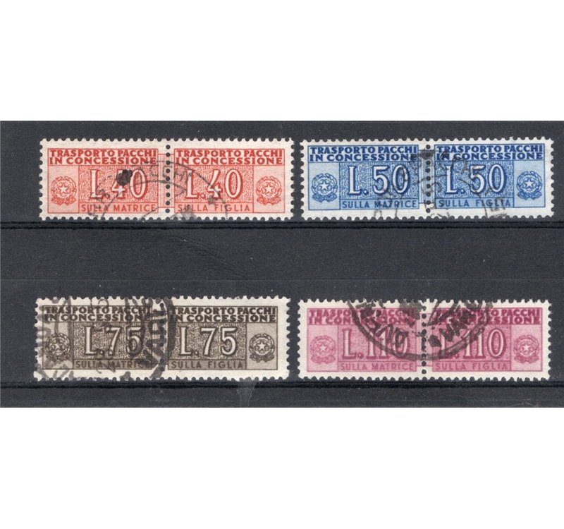 1953/55 - Pacchi in concessione cifra sulle due sezioni filigrana ruota, serie n° 1/4. Cert.: Apicella. Cat. € 400 (U)