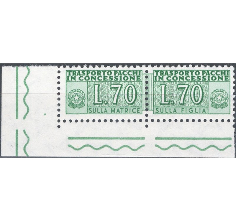 1966 - Pacchi in concessione 70 £ verde angolo di foglio, n° 8. Cat. € 55 (**)