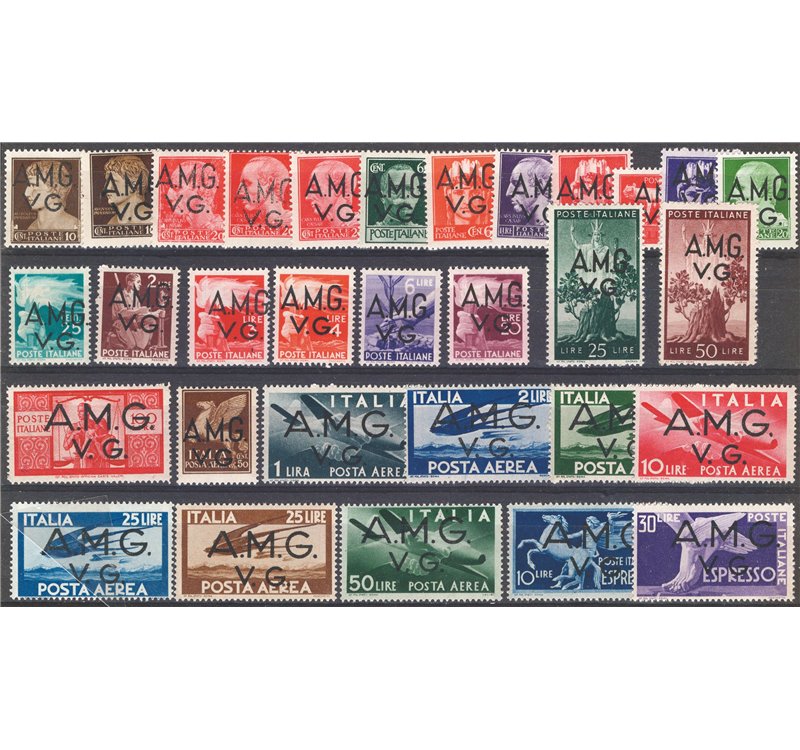 1945/47 - Venezia Giulia, emissione completa, serie n° 1/21 + P.A. 1/8 + Ex 1/2. Cat. € 308 (**)