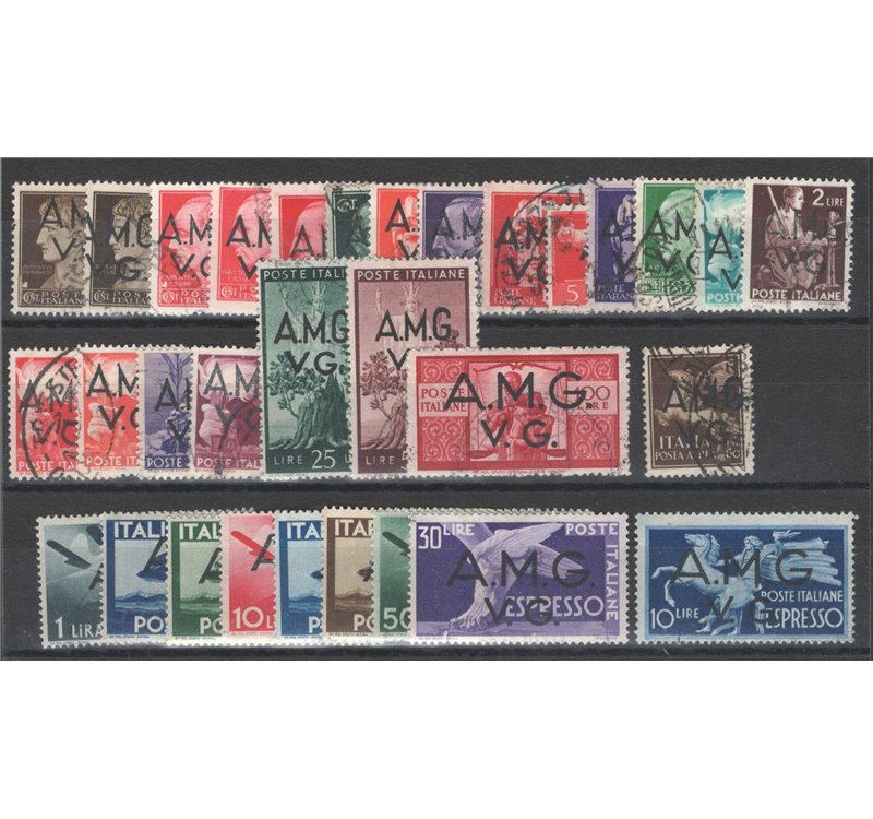 1945/47 - Venezia Giulia, emissione completa soprast., serie n° 1/21 + P.A. 1/8 + Ex 1/2. Cat. € 448 (U)