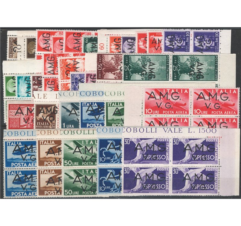 1945/47 - Venezia Giulia, emissione completa, n° 1/21 + P.A. 1/8 + Ex 1/2 in quartina. Cat. € 1.380 (**)