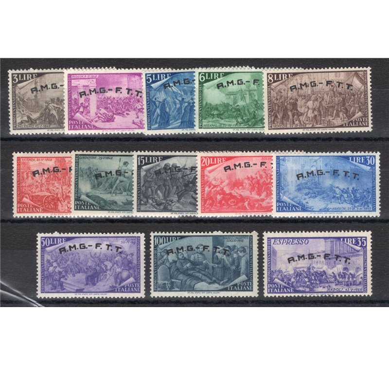 1948 - Trieste A, Risorgimento, serie n° 18/29 + Ex 5. Cert.: IC. Cat. € 200 (**)