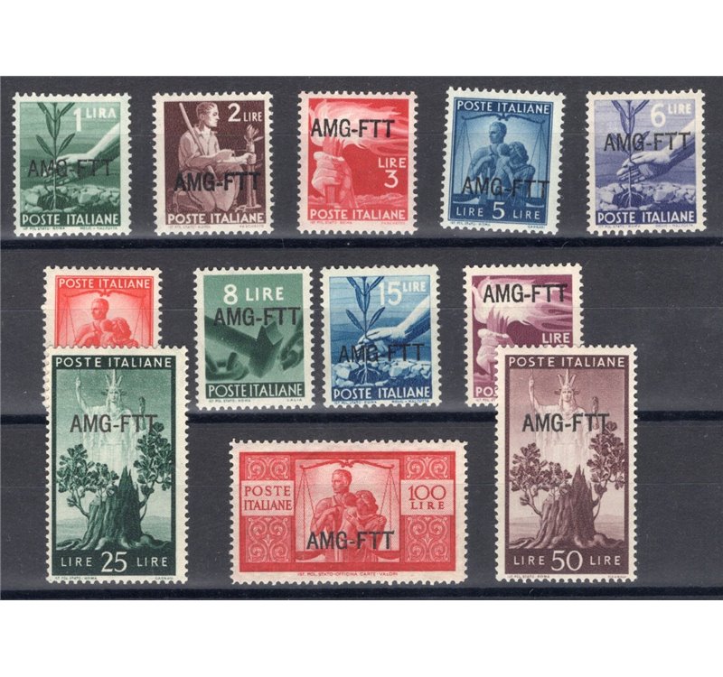 1949/50 - Trieste A, Democratica, serie n° 56/67. Cert.: IC. Cat. € 450 (**)