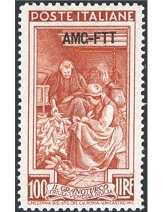1950 - Trieste A, Italia al lavoro 100 £ bruno rosso dent. 13¼x14¼ (13,30x14,15), pos. DB, n° 106/I, Sass. Spec. n° 124. Cert.: 