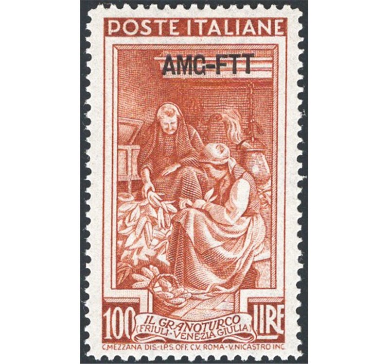1950 - Trieste A, Italia al lavoro 100 £ bruno rosso dent. 13¼x14¼ (13,30x14,15), pos. DB, n° 106/I, Sass. Spec. n° 124. Cert.: 