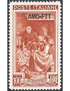 1950 - Trieste A, Italia al lavoro 100 £ bruno rosso dent. 14¼x13¼ con trattino della soprast. largo, pos. DB, n° 106/II. Cert.: