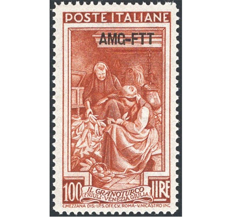 1950 - Trieste A, Italia al lavoro 100 £ bruno rosso dent. 14¼x13¼ con trattino della soprast. largo, pos. DB, n° 106/II. Cert.: