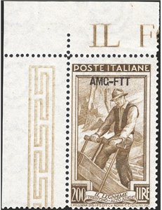 1952 - Trieste A, Italia al lavoro 200 £ bruno oliva dent. 14¼x13¼ (14,15x13,30), pos. DB, n° 107/II, Sass. Spec. n° 128. Cert.: