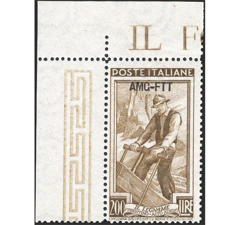 1952 - Trieste A, Italia al lavoro 200 £ bruno oliva dent. 14¼x13¼ (14,15x13,30), pos. DB, n° 107/II, Sass. Spec. n° 128. Cert.: