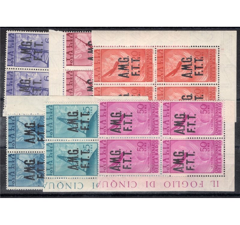 1947 - Trieste A, P.A. Radio, serie n° 7/12 in quartina d'angolo. Cat. € 350 (**)