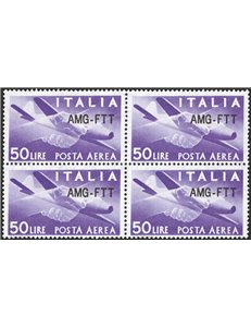 1954 - Trieste A, P.A. Democratica 50 £ violetto con soprast. modificata, n° 22A in quartina. Cert.: IC. Cat. € 2.450 (**)