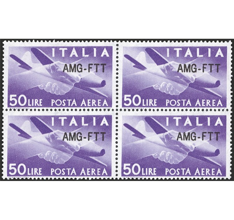 1954 - Trieste A, P.A. Democratica 50 £ violetto con soprast. modificata, n° 22A in quartina. Cert.: IC. Cat. € 2.450 (**)