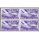 1954 - Trieste A, P.A. Democratica 50 £ violetto con soprast. modificata, n° 22A in quartina. Cert.: IC. Cat. € 2.450 (**)