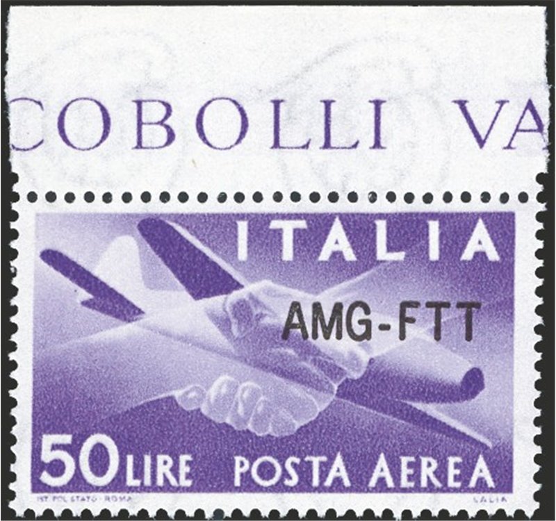 1954 - Trieste A, P.A. Democratica 50 £ violetto con soprast. modificata, n° 22A. Cert.: IC. Cat. € 550 (**)