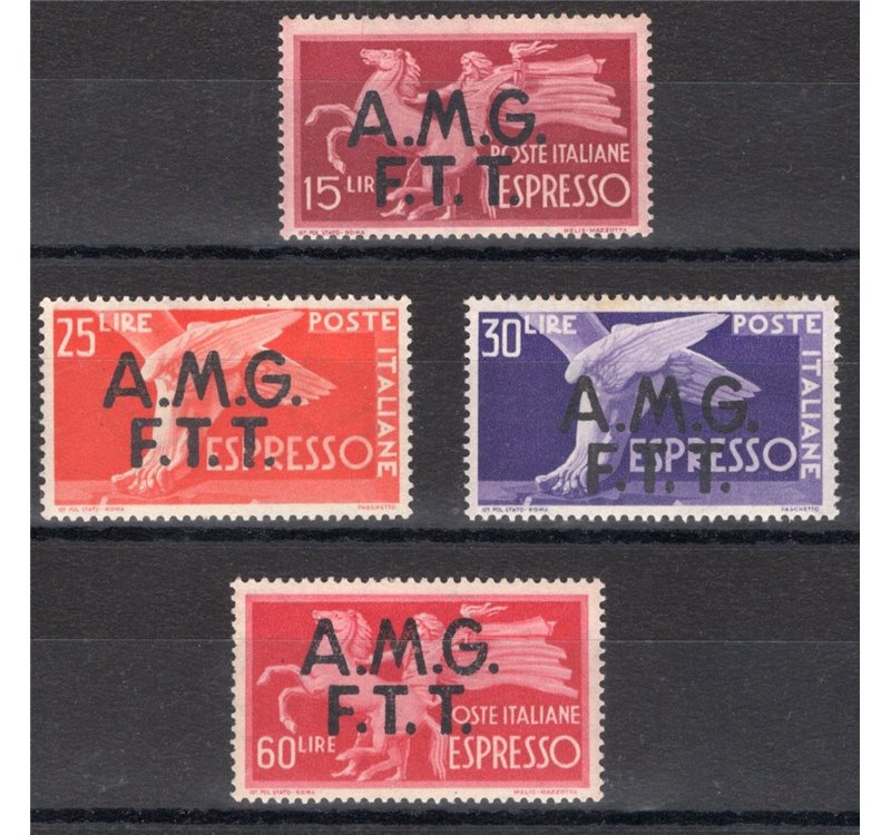1947/48 - Trieste A, Espressi Democratica con soprast. “AMG-FTT” su due righe, serie n° 1/4. Cert.: IC. Cat. € 300 (**)