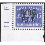 1949 - Trieste A, Recapito autorizzato Italia Turrita 15 £ violetto, n° 3 con ottima centratura. Cert.: IC. Cat. € 260 (**)