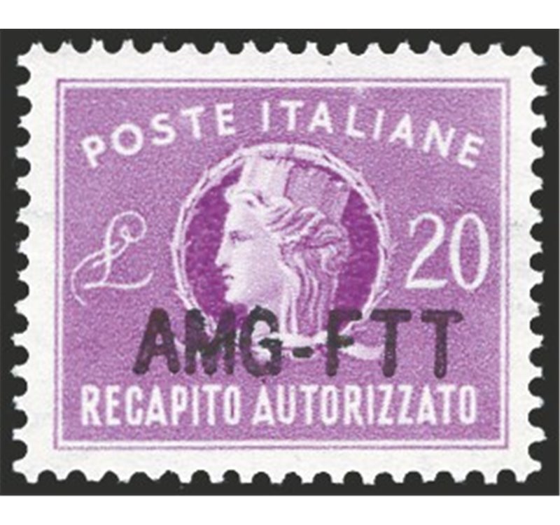 1954 - Trieste A, Recapito autorizzato 20 £ lilla con soprast. modificata, n° 5A. Cert.: IC. Cert.: Biondi. Cat. € 280 (**)