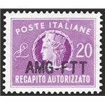 1954 - Trieste A, Recapito autorizzato 20 £ lilla con soprast. modificata, n° 5A. Cert.: IC. Cert.: Biondi. Cat. € 280 (**)