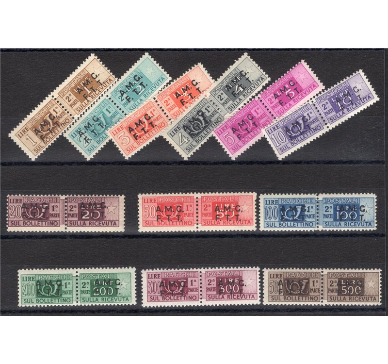 1954 - Trieste A, Pacchi postali, serie n° 1/12. Cert.: IC. Cat. € 1.500 (**)
