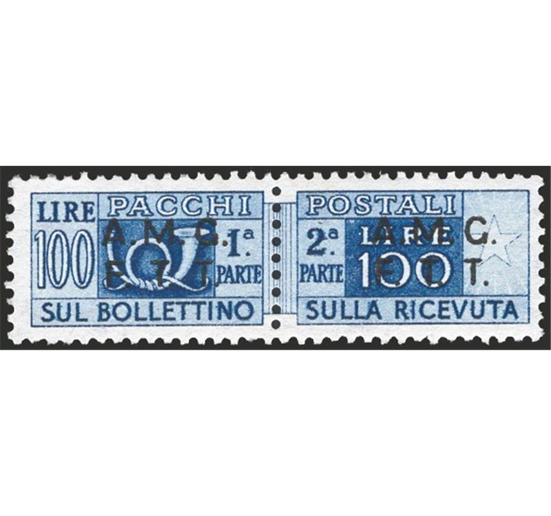 1947 - Trieste A, Pacchi postali 100 £ azzurro dent. 13¼, n° 9/I. Cert.: IC. Cat. € 800 (**)