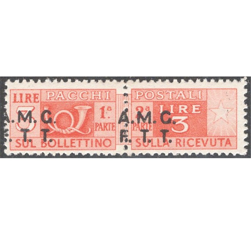1947/48 - Trieste A, Pacchi postali 3 £ arancio con soprast. su due righe fortemente spostata a sinistra, n° 3gb. Cat. € 160 (**
