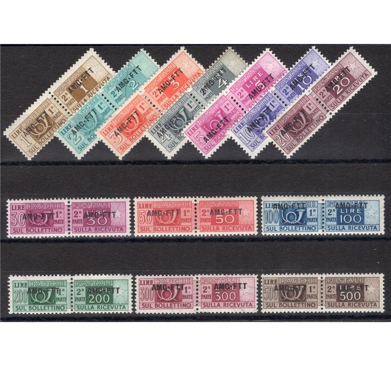 1949/53 - Trieste A, Pacchi postali, serie n° 13/25. Cert.: IC. Cat. € 500 (**)