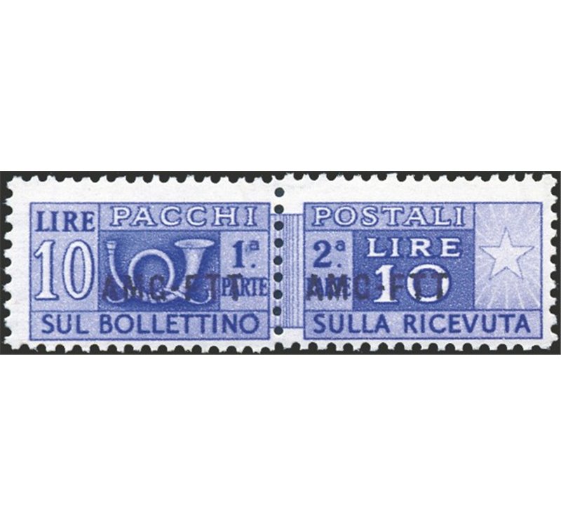 1949/53 - Trieste A, Pacchi postali 10 £ violetto con soprast. modificata "AMG-FTT", n° 18A. Cert.: Biondi. Cat. € 3.200 (**)