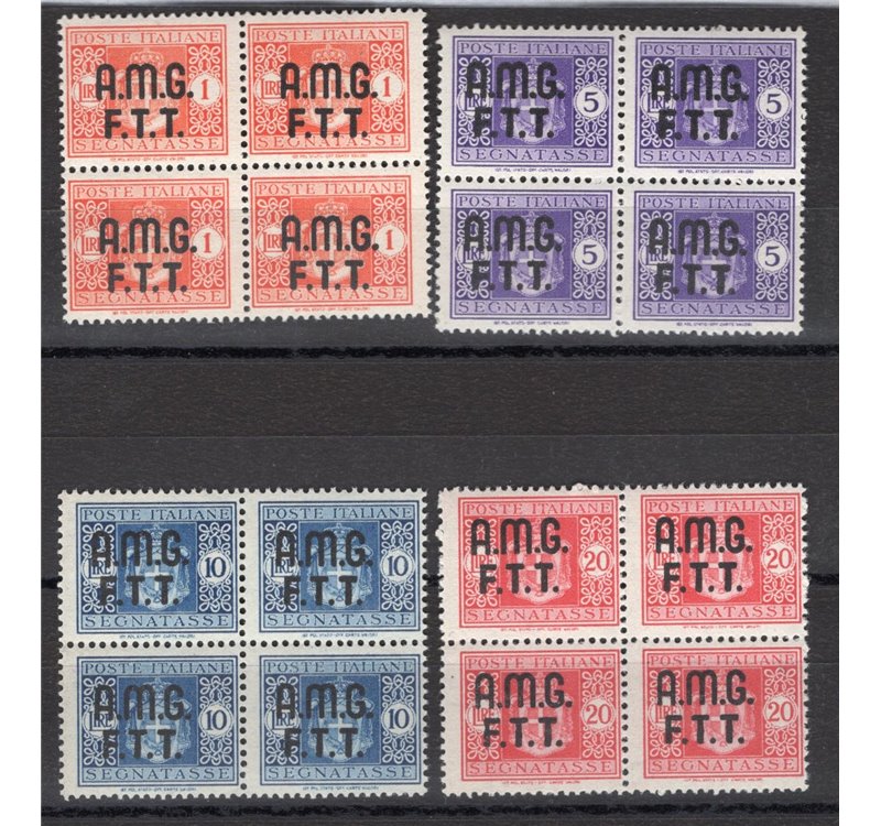 1947 - Trieste A, Segnatasse Stemma sabaudo, serie n° 1/4 in quartina. Cert.: IC. Cat. € 300 (**)