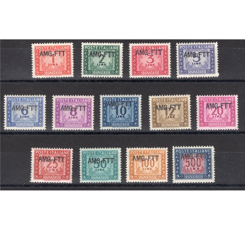 1949/51 - Trieste A, Segnatasse con soprast. “AMG-FTT” su una riga, serie n° 16/28. Cert.: IC. Cat. € 200 (**)
