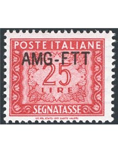 1954 - Trieste A, Segnatasse 25 £ rosso bruno con soprast. “AMG-FTT” su una riga, n° 25A. Cert.: IC. Cert.: ED. Cat. € 450 (**)