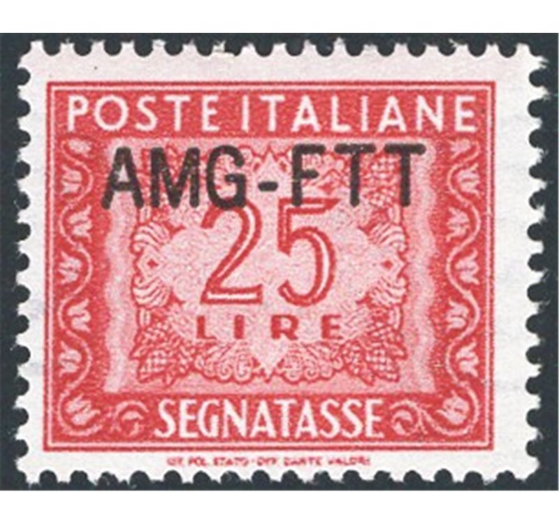 1954 - Trieste A, Segnatasse 25 £ rosso bruno con soprast. “AMG-FTT” su una riga, n° 25A. Cert.: IC. Cert.: ED. Cat. € 450 (**)