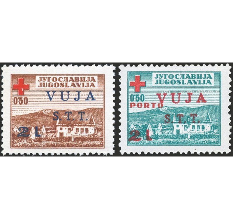 1948 - Trieste B, Croce Rossa soprast. "Vuja S.t.t. 2 L.", serie n° 4/5. Cert.: Biondi. Cat. € 960 (**)