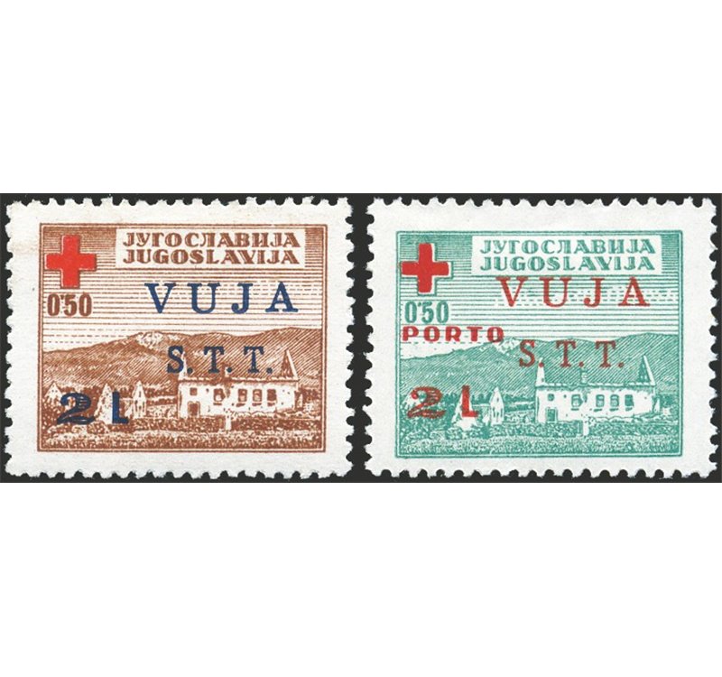 1948 - Trieste B, Croce Rossa soprast. "Vuja S.t.t. 2 L.", serie n° 4/5. Cert.: Biondi. Cat. € 900 (*)