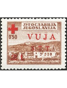 1948 - Trieste B, Croce Rossa 2 £ su 0,50 d. bruno in rosso con soprast. "Vuja S.t.t. 2 L.", n° 4A. Cert.: Biondi. Cat. € 16.000