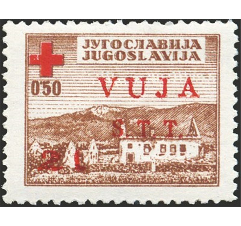 1948 - Trieste B, Croce Rossa 2 £ su 0,50 d. bruno in rosso con soprast. "Vuja S.t.t. 2 L.", n° 4A. Cert.: Biondi. Cat. € 16.000